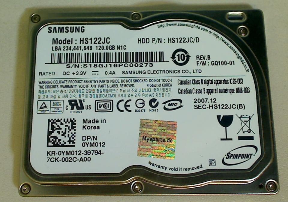 HDD hard drive 1.8" 120GB Samsung HS122JC Dell Latitude XT PP12S