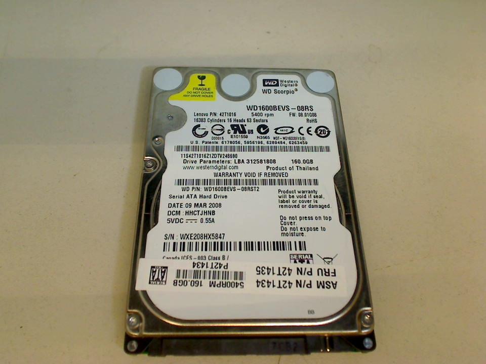 HDD hard drive 2.5" 160GB (SATA) WD1600BEVS-08RS Lenovo T61 8898