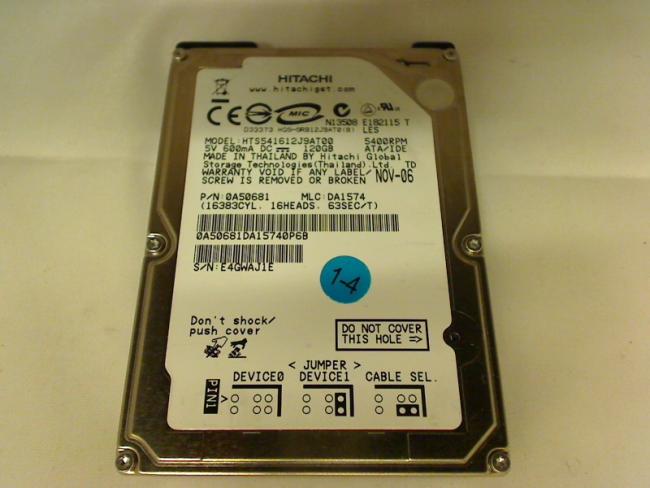 120GB Hitachi HTS541612J9AT00 2.5" IDE HDD Festplatte Acer Aspire 5600