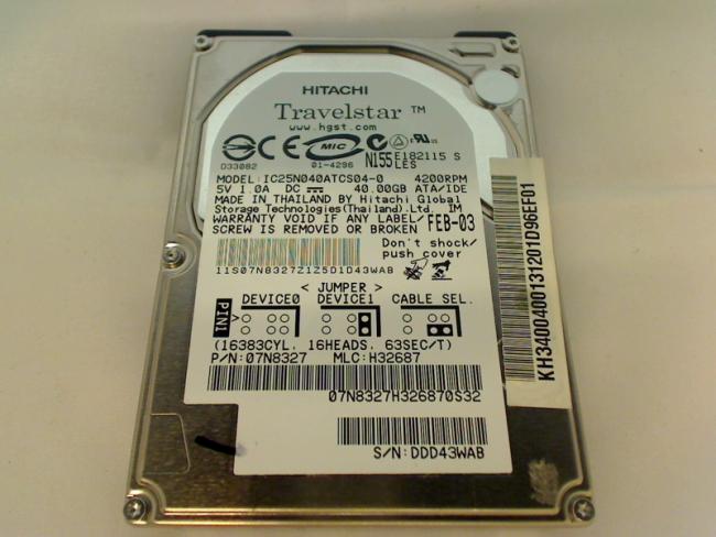 40GB Hitachi IC25N040ATCS04-0 2.5" IDE HDD Festplatte Acer Travelmate 650 653LC
