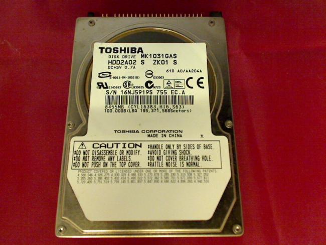 100GB Toshiba HDD2A02 S ZK01 S MK1031GAS 2.5" IDE FS A1667G P50CA0