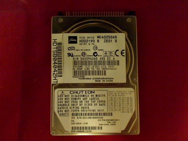 40GB Toshiba HDD2190 B ZE01 S 2.5" IDE Festplatte Acer Aspire 1690 ZL3