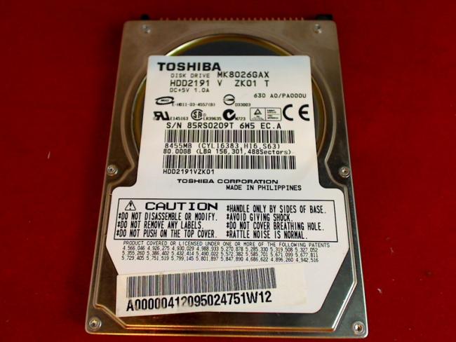 80GB HDD2191 V ZK01 T 2.5" IDE Festplatte Toshiba Satellite L20-112