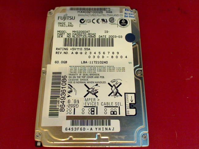 60 GB Fujitsu MHS2060AT 2.5\" IDE Festplatte HDD Toshiba L20-112 PSL2XE