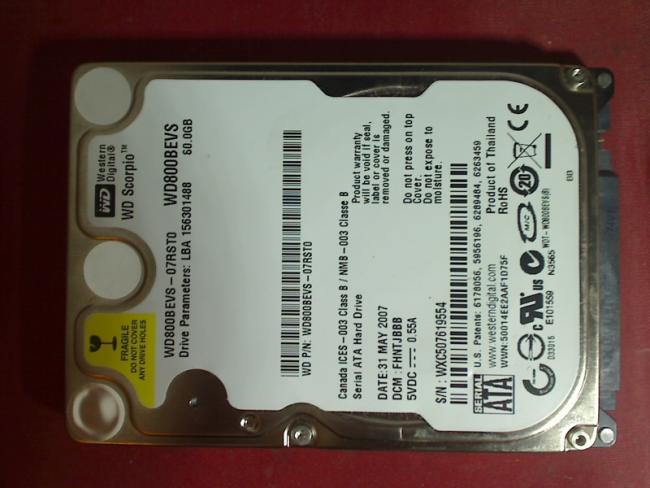 80GB WD800BEVS-07RST0 SATA 2.5" HDD Festplatte Fujitsu Pa2510 (1)