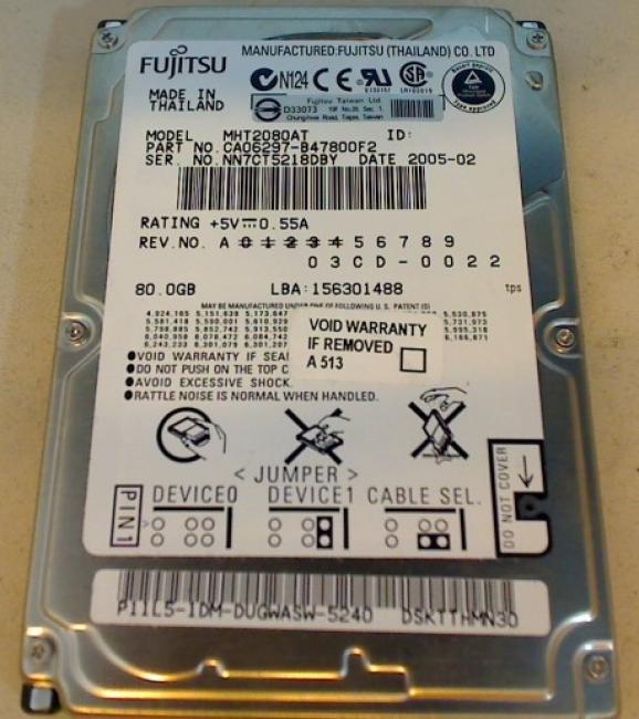 80GB Fujitsu MHT2080AT 2.5\" IDE HDD Festplatte Acer TravelMate 800 ZG1S