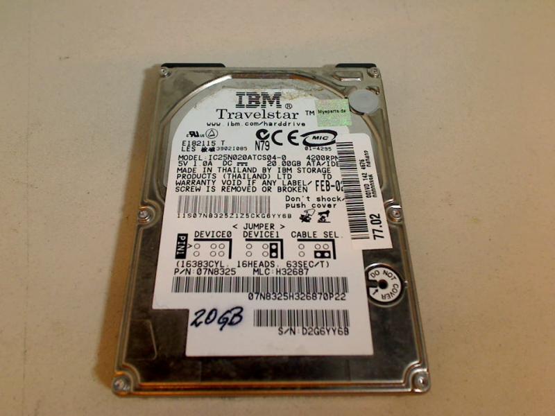 20GB IBM IC25N020ATCS04-0 2.5" IDE HDD Festplatte Acer 1360 1362LM